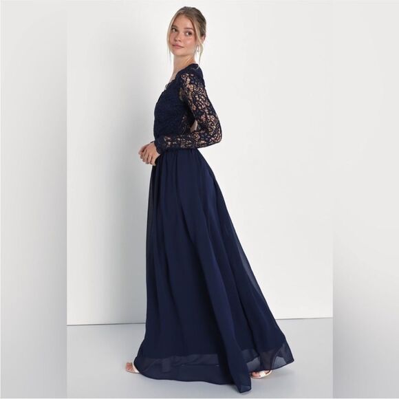 Lulus Navy Blue Long Sleeve Lace Maxi Dress Size M Romantic Open Back A-Line - Picture 3 of 11